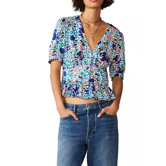 ba&sh Oleo Peplum Floral V Neck Top Blouse Womens Large Preppy Designer Feminine - Picture 10 of 10